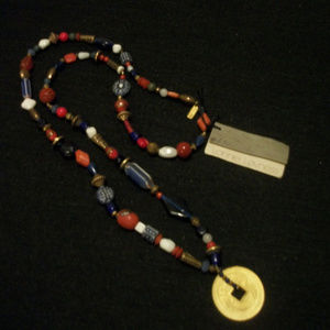 SEMI VINTAGE LONG TRIBAL BEADS NECKLACE W PENDANT